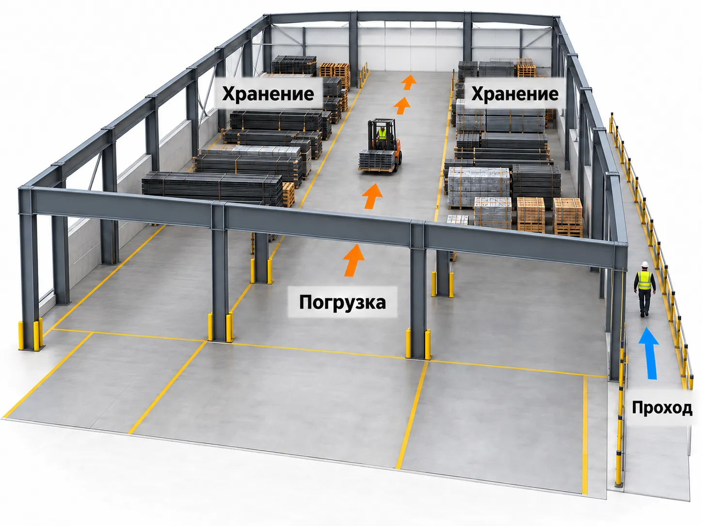 Зоны хранения, погрузки и отдельный пешеходный проход
