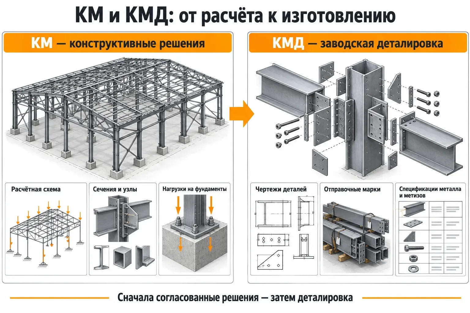 КМ: расчётная схема и сечения; КМД: детали и спецификации