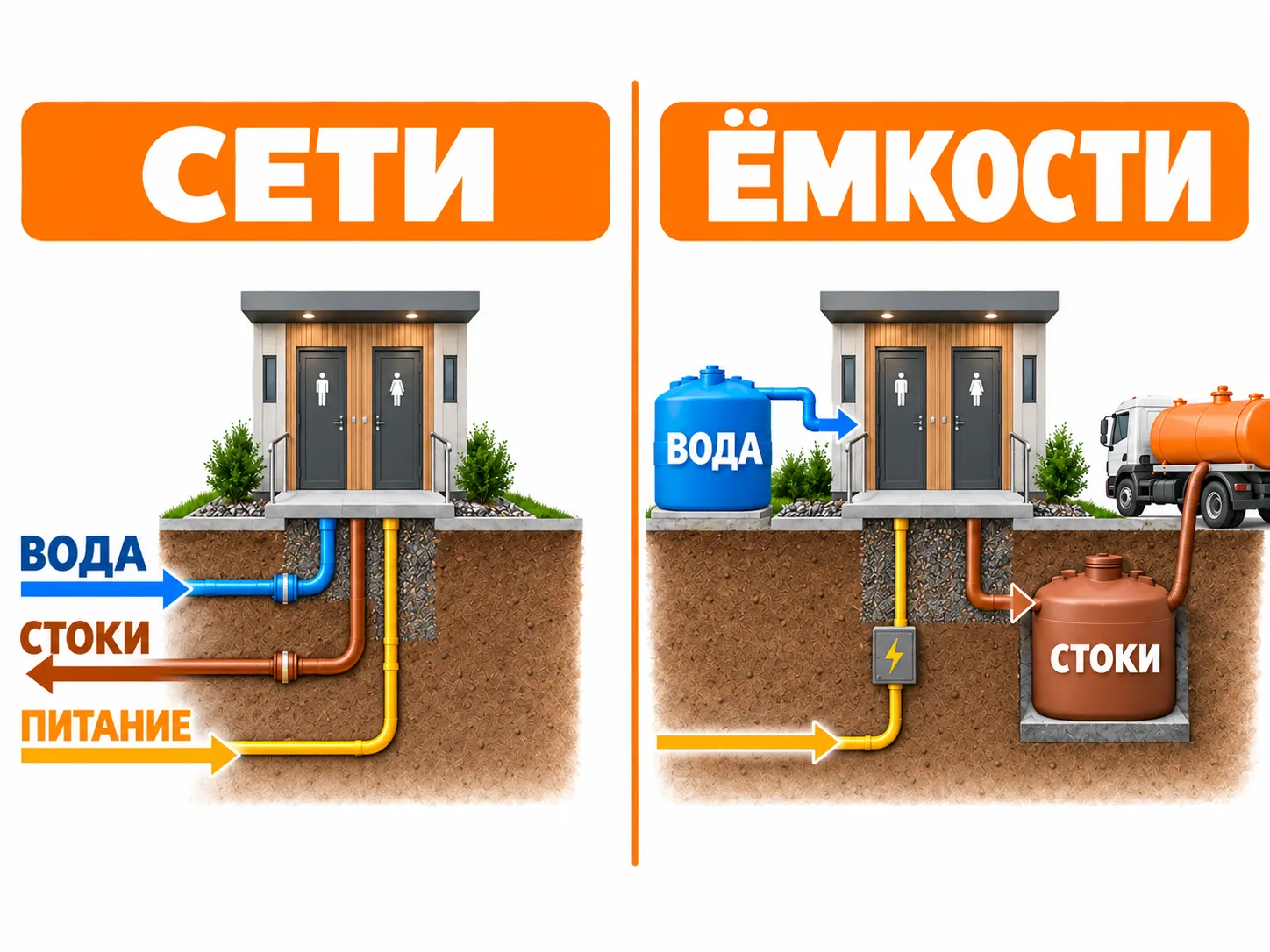 Подача воды, отвод стоков и обслуживание накопительных ёмкостей